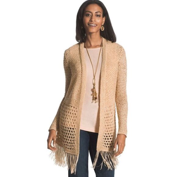 Chicos Size 2 (12/14) Sweater Womens Pink Cardigan Shimmer Open Knit Fringe Fron - Picture 1 of 6